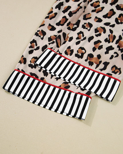 Khaki Leopard Print Colorblock Striped Patchwork Shirt and Pants Pajama Set