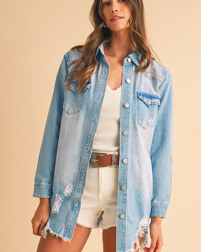 Beau Blue Light Wash Distressed Frayed Long Denim Jacket