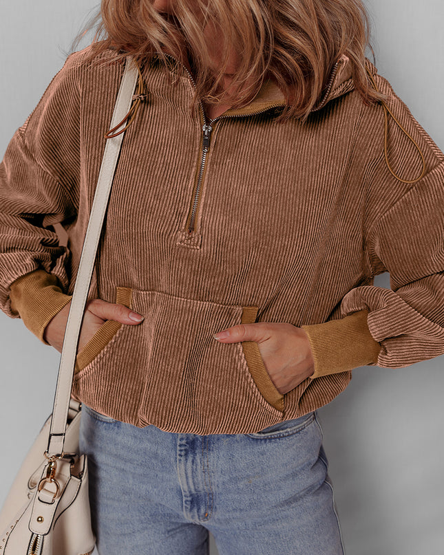 Chestnut Half Zipper Kangaroo Pocket Drawstring Corduroy Hoodie