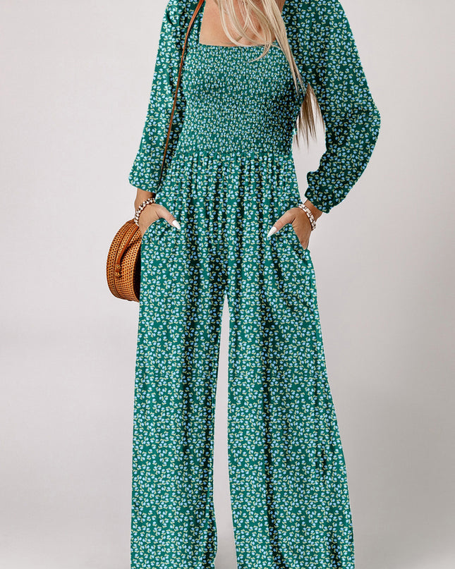 Green Floral Print Shirred Bodice Square Neck Wide Leg Jumpsuit