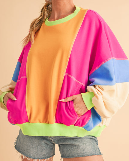 Grapefruit Orange Colorblock Patchwork Drop Shoulder Top