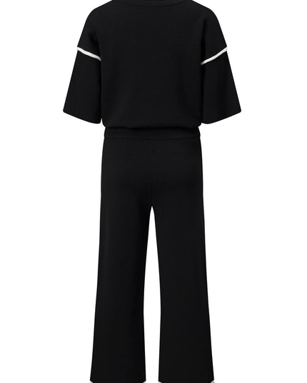 Navy Blue Loose Contrast Trim Half Sleeve Top and Drawstring Pants Set