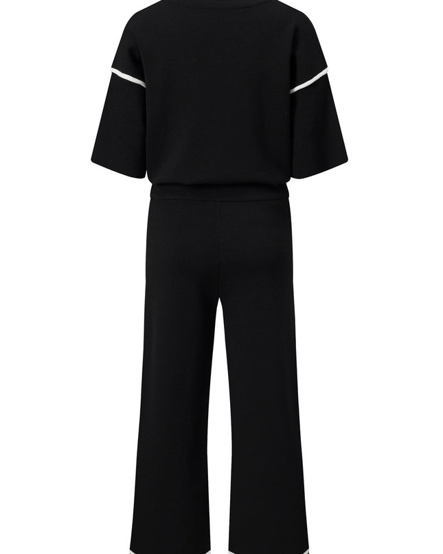 Navy Blue Loose Contrast Trim Half Sleeve Top and Drawstring Pants Set