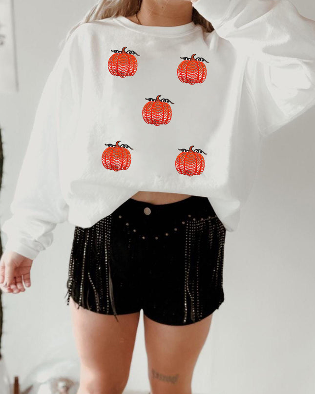 White Sequin Pumpkin Patched Drop Shoulder Sweatshirt