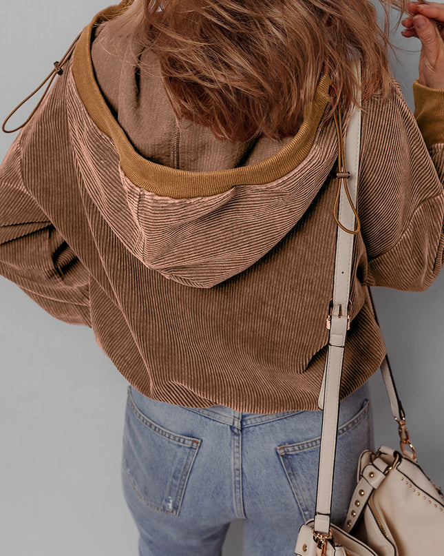 Chestnut Half Zipper Kangaroo Pocket Drawstring Corduroy Hoodie