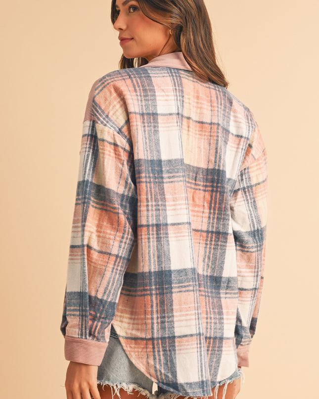 Cinnamon Plaid Corduroy Patchwork Pocket Loose Shacket