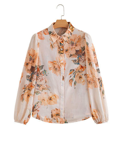 Orange Floral Puff Sleeve Lightweight Shirt