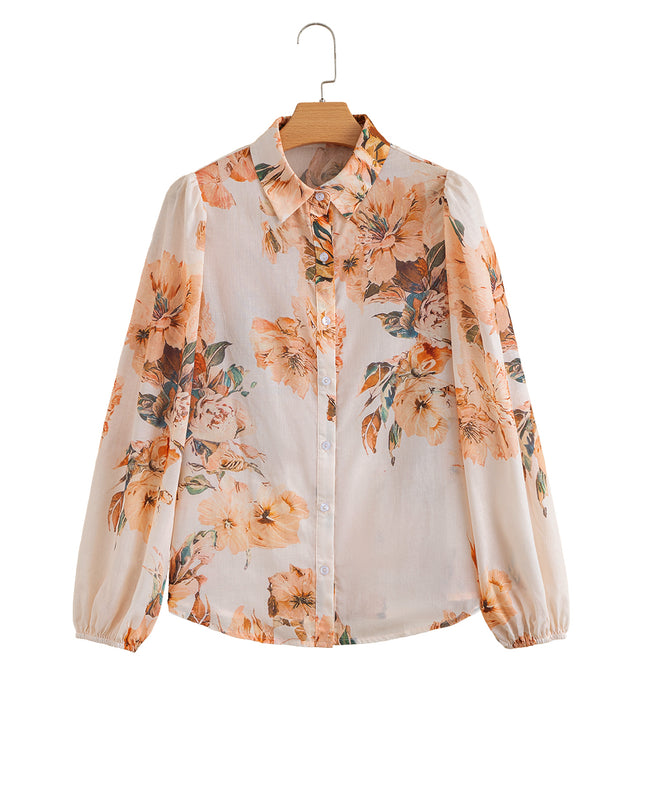 Orange Floral Puff Sleeve Lightweight Shirt