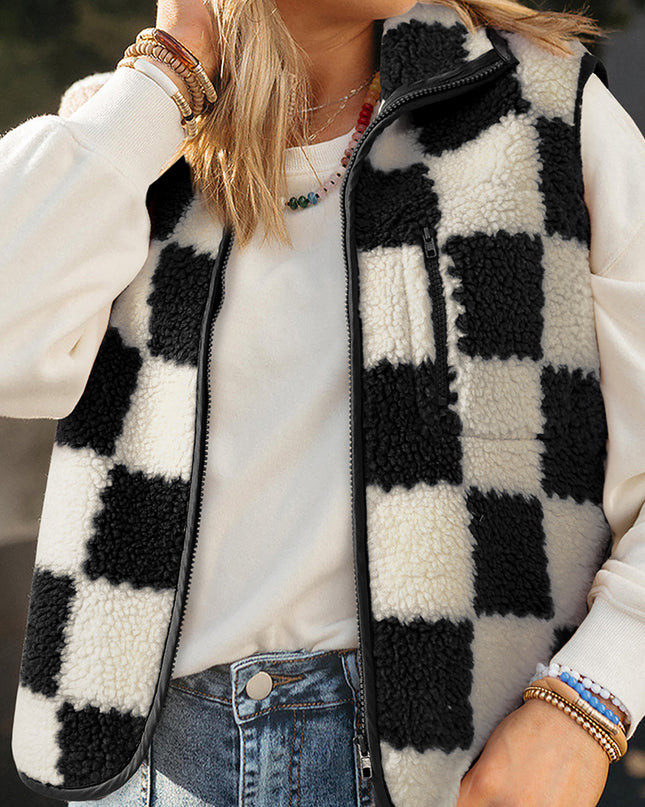 Khaki Checkered Sherpa Collared Jacket Vest