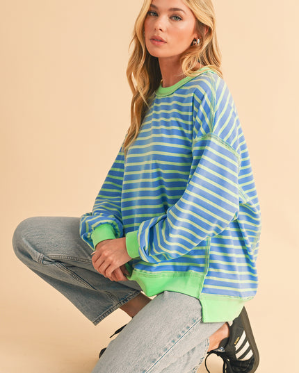 Pink Stripe Contrast Trim High Low Tunic Sweatshirt