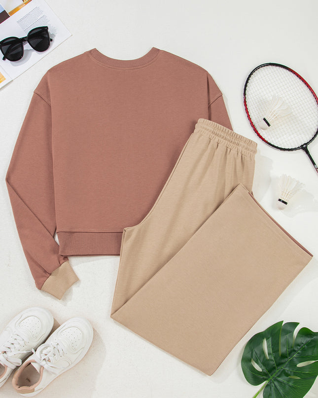 Khaki Color Block Long Sleeve Crop Top Drawstring Pant Set