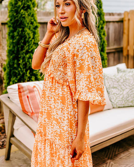 Orange Floral Print Smocked V Neck Bell Sleeve Maxi Dress