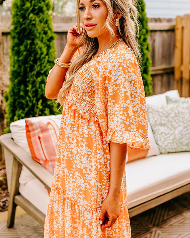 Orange Floral Print Smocked V Neck Bell Sleeve Maxi Dress
