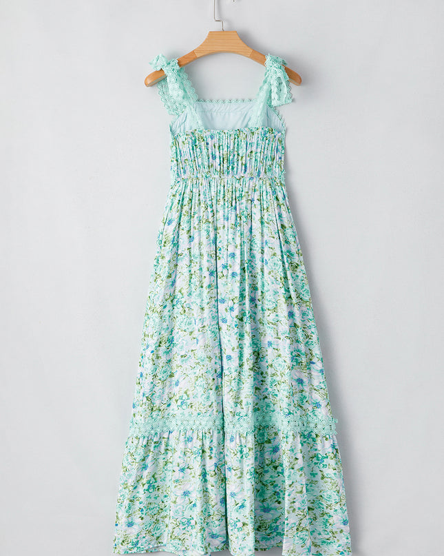 Green Floral Lace Tied Strap Empire Waist Maxi Dress