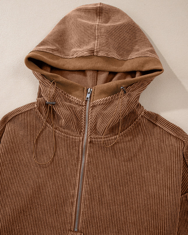 Chestnut Half Zipper Kangaroo Pocket Drawstring Corduroy Hoodie