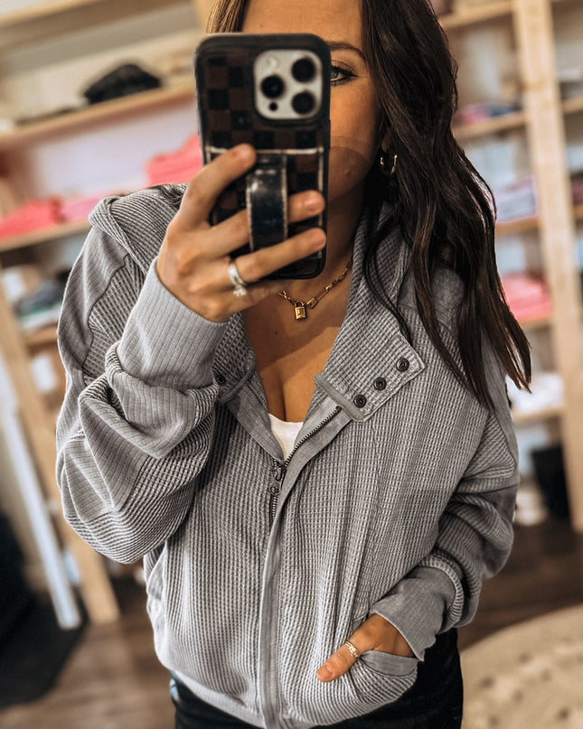Gray Waffle Splicing Zip Up Front Button Hooded Jacket