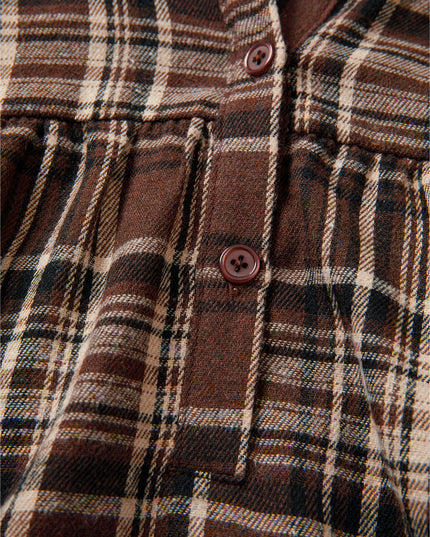 Brown Plaid Waffle Patchwork Henley Hoodie – Cozy Long Sleeve Top for Women