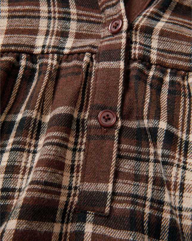 Brown Plaid Waffle Patchwork Henley Hoodie – Cozy Long Sleeve Top for Women