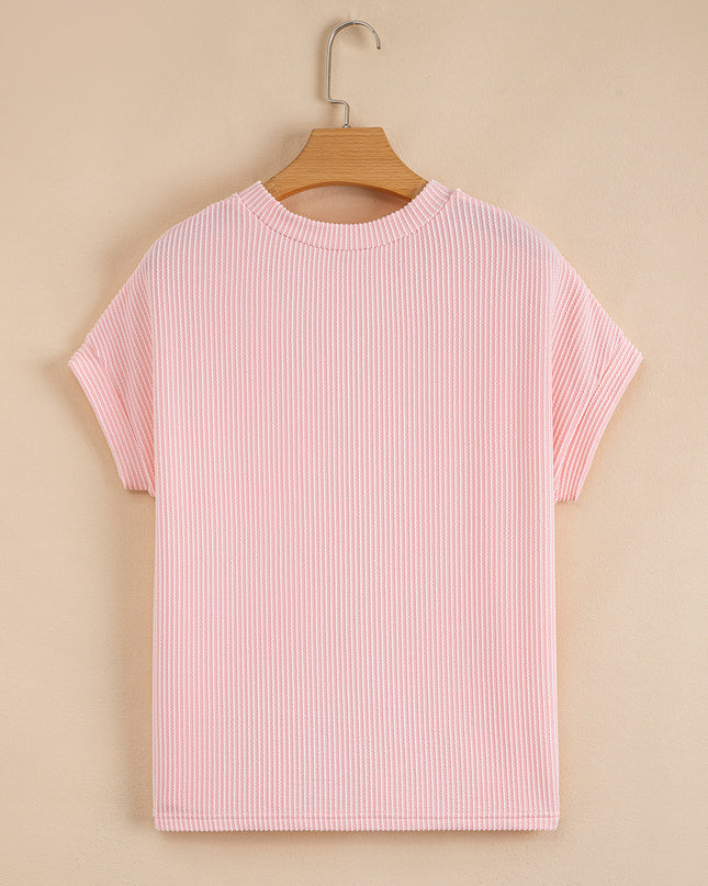 Dark Blue Corded Knit Color Block Pocketed Crew Neck T Shirt