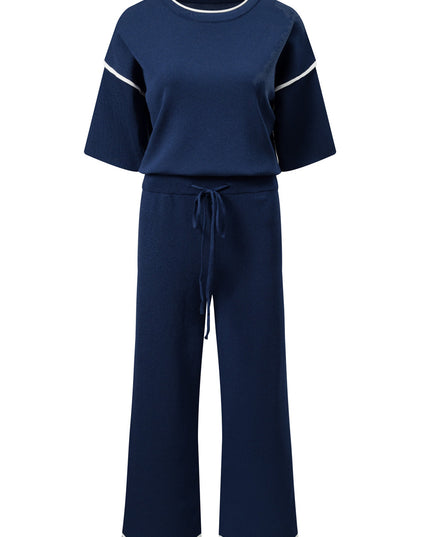 Navy Blue Loose Contrast Trim Half Sleeve Top and Drawstring Pants Set