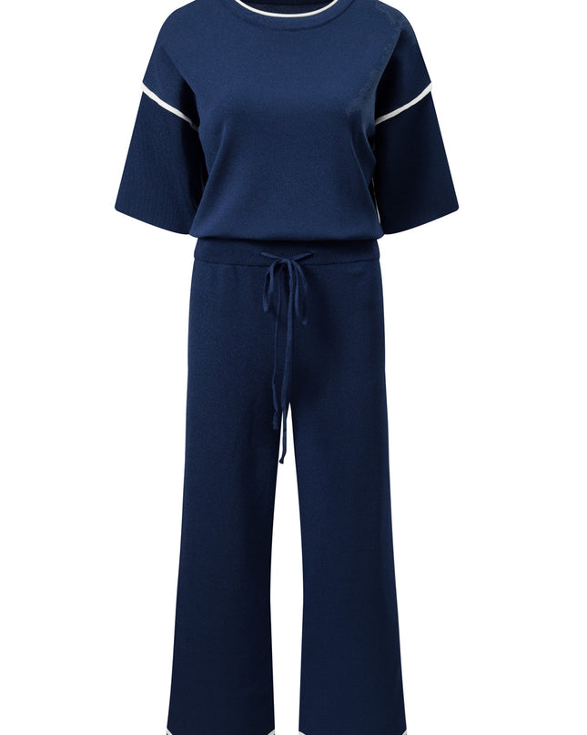 Navy Blue Loose Contrast Trim Half Sleeve Top and Drawstring Pants Set