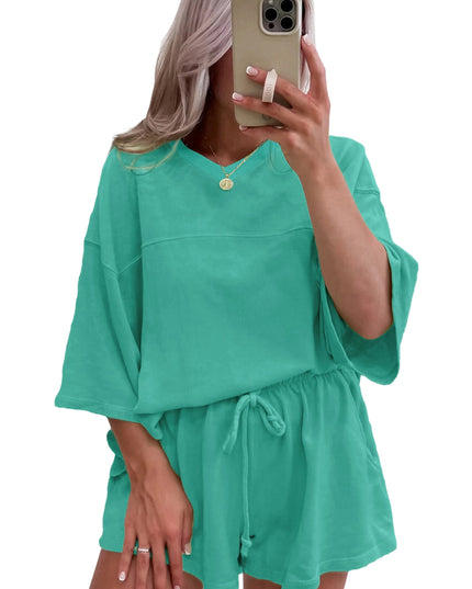 Bonbon Loose V Neck Tee and Drawstring Shorts Set