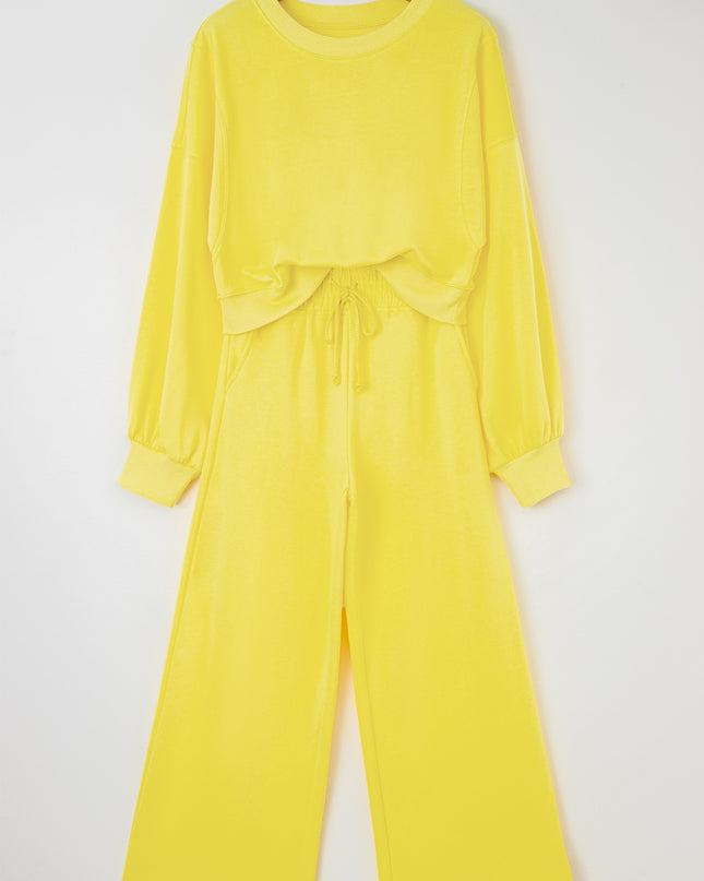 Mist Blue Wide-Leg Lounge Set | Drop Shoulder Crop Pullover & Drawstring Pants