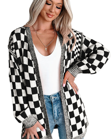 Orange Checkered Open Front Drop Shoulder Cardigan