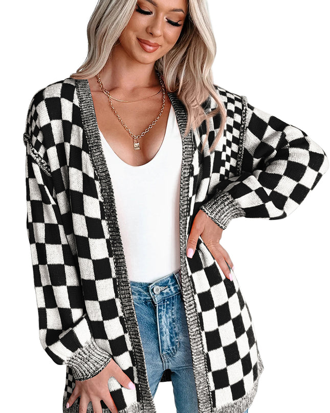 Orange Checkered Open Front Drop Shoulder Cardigan