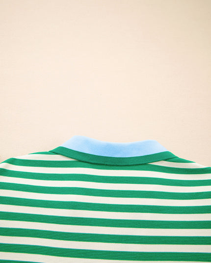 Green Striped Ruffle Short Sleeve Pop of Color Neckline Dress