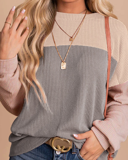Multicolor Colorblock Ribbed Loose Long Sleeve Top