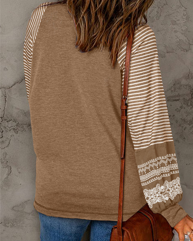 Rose Red Contrast Print Striped Raglan Long Sleeve Loose Top