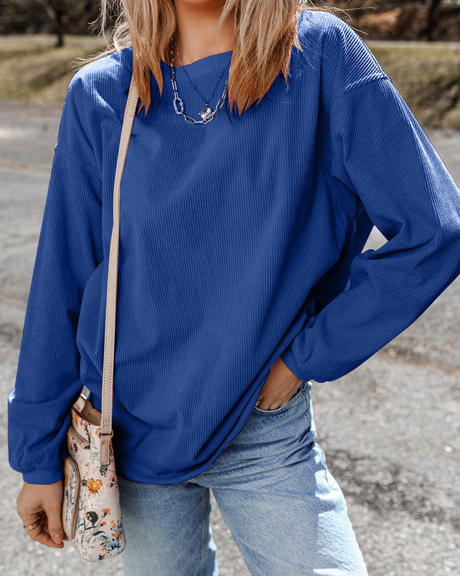 Red Plain Drop Sleeve Rib Knit Oversized Sweatshirt