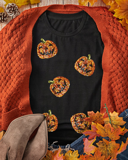 Black Halloween Sequin Pumpkin Face Graphic T Shirt