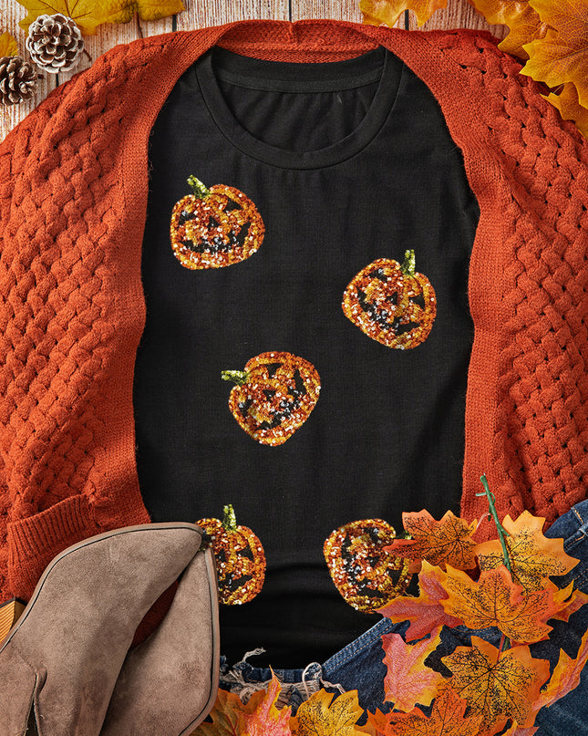 Black Halloween Sequin Pumpkin Face Graphic T Shirt