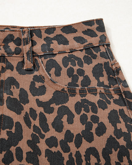 Brown Leopard Frayed Split Denim Midi Skirt