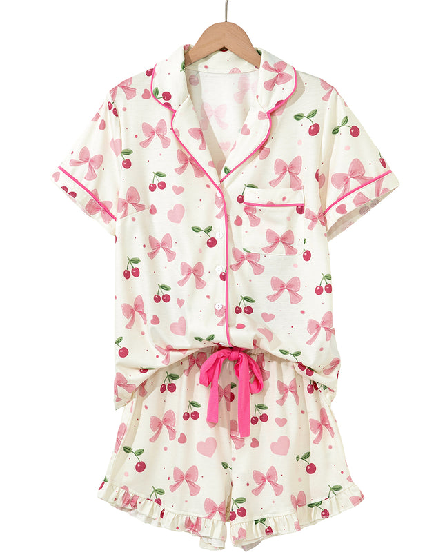 Pink Polka Dot and Bow Print Ruffle Hem Shorts Pajama Set