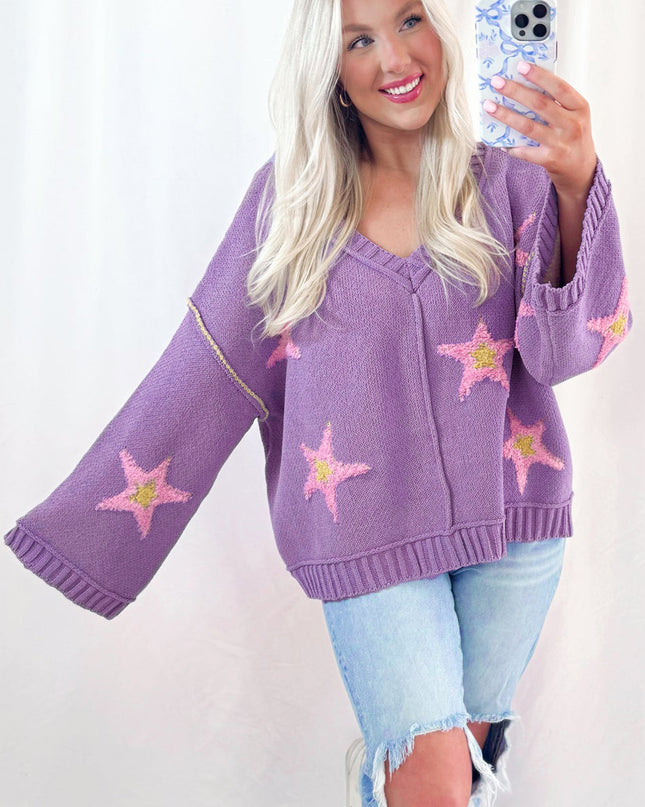 Lavendula Brushed Star Graphic V Neck Drop Shoulder Oversize Sweater