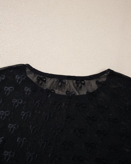 Black Bow Pattern Long Sleeve Slim Fit Mesh Top