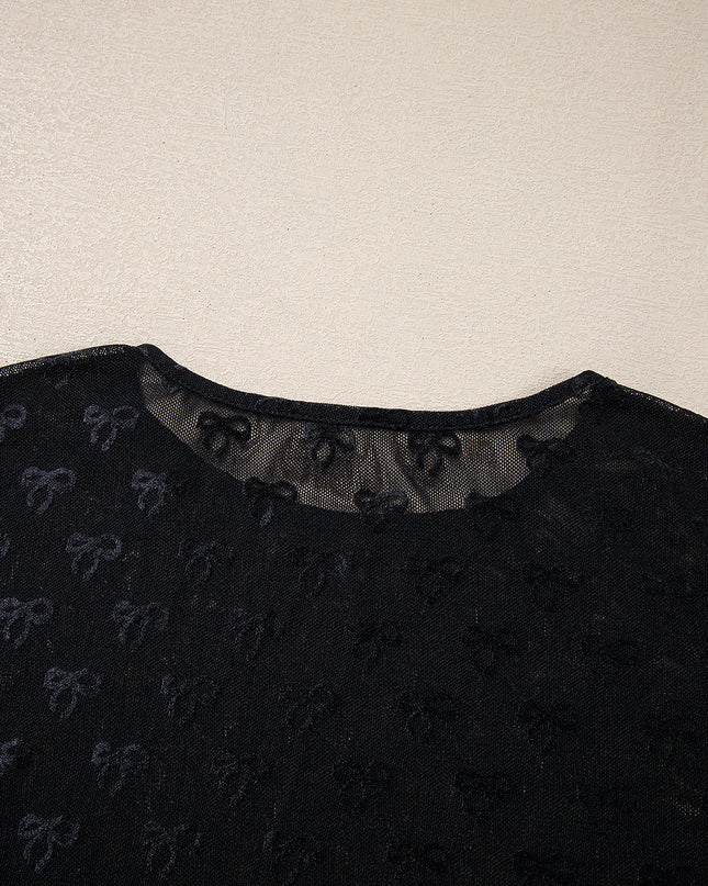 Black Bow Pattern Long Sleeve Slim Fit Mesh Top