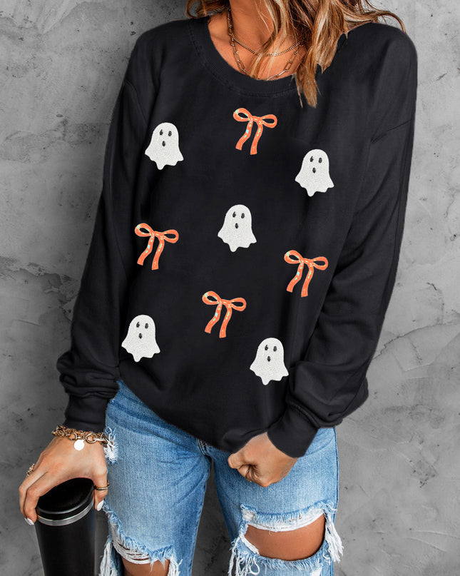 Black Halloween Ghost Bow Sequin Patched Drop Shoulder Sweatshirt