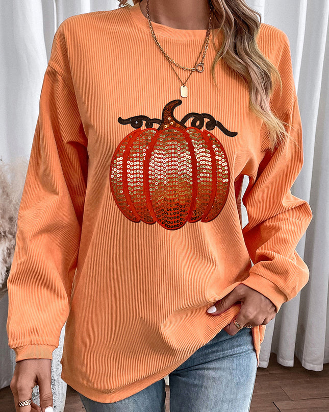 Orange Crinkle Ribbed Halloween Sequin Pumpkin Graphic Sweatshirt