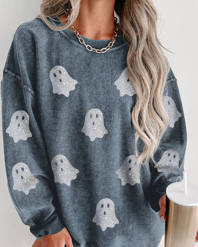 Pink Halloween Ghost Corded Crew Neck Loose Sweatshirt