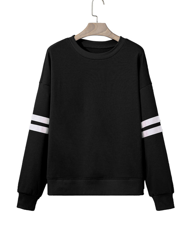 Fiery Red Preppy Striped Sleeve Loose Sweatshirt