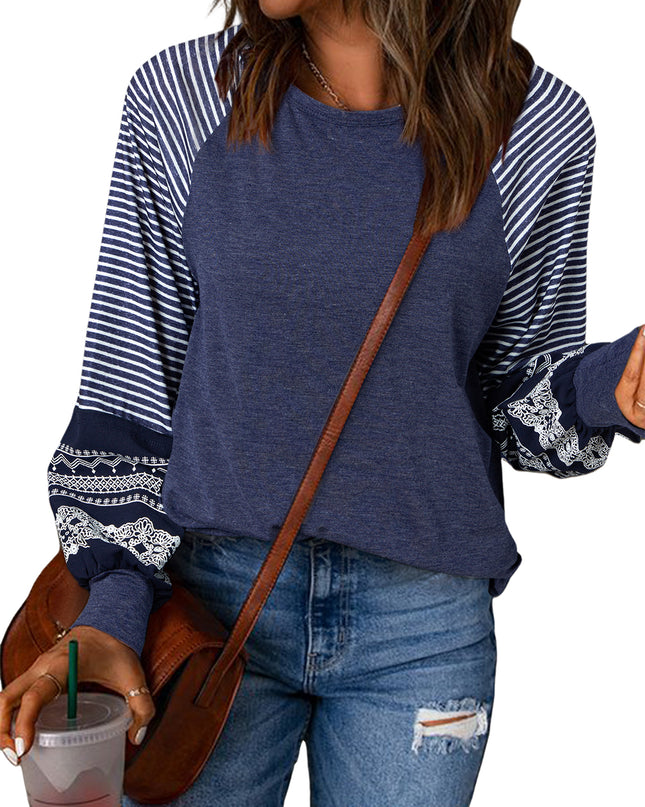Rose Red Contrast Print Striped Raglan Long Sleeve Loose Top