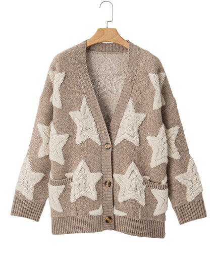 Khaki Star Pattern Pockets Button Front Cardigan
