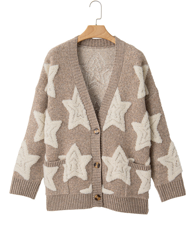 Khaki Star Pattern Pockets Button Front Cardigan