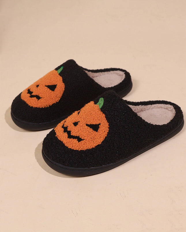 White Halloween Pumpkin Print Plush Slippers
