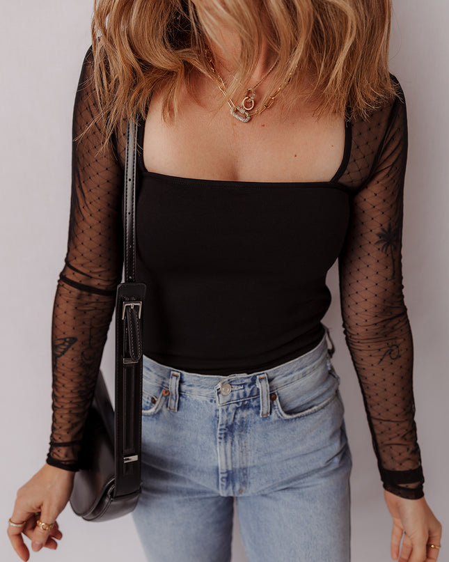 Black Polka Dot Mesh Long Sleeve Square Neck Bodysuit