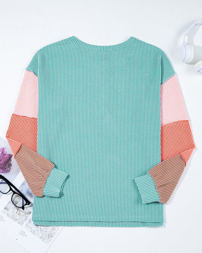 Multicolour Twisted Ribbed Colorblock Patchwork Henley Top